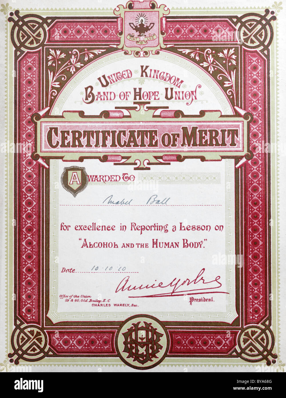 Un vecchio certificato di merito per eccellenza in lezioni su alcol e il corpo umano Foto Stock
