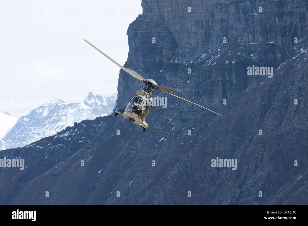 Il militare svizzera elicottero Cougar davanti a una parete di roccia, mountain-air show della Swiss Air Force a Axalp Ebenfluh, Foto Stock