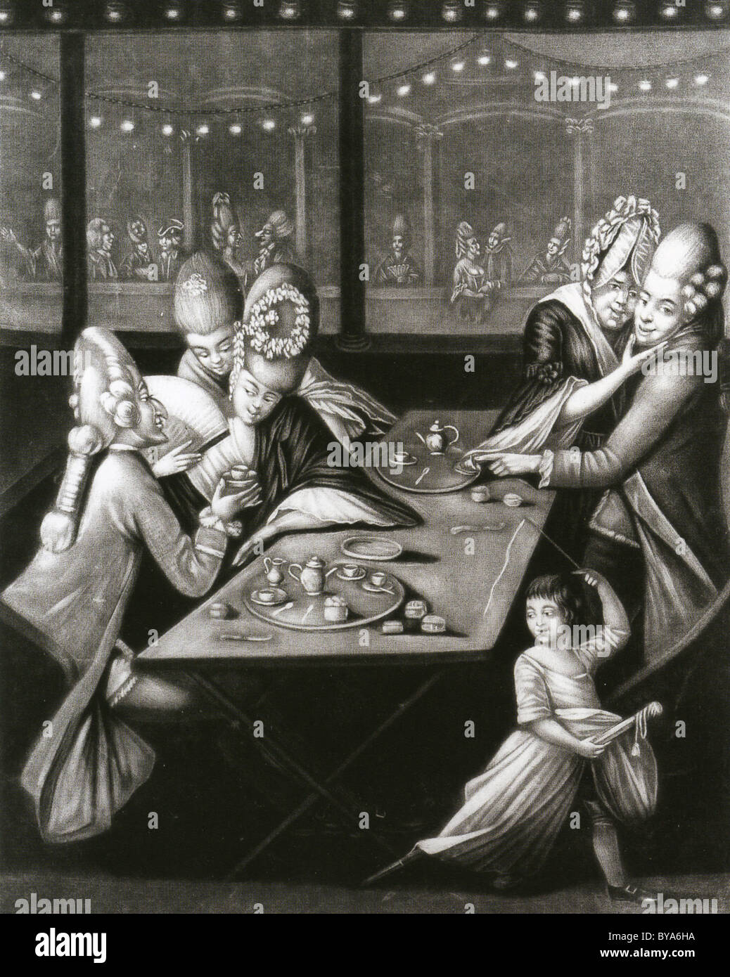 Gli umori del pantheon mezzatinta incisione 1772 del pubblico generale il luogo di intrattenimento su Oxford Street, Londra Foto Stock