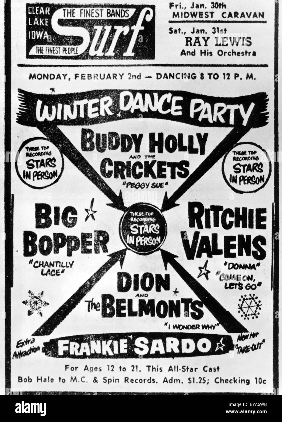 BUDDY HOLLY e i grilli Poster per ultimo concerto il 2 febbraio 1959 a Clear Lake, Iowa Foto Stock