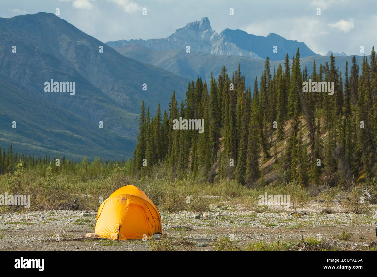Spedizione tenda su una barra di ghiaia, Mackenzie nord le montagne alle spalle, camping, Wind River, Yukon Territory, Canada Foto Stock