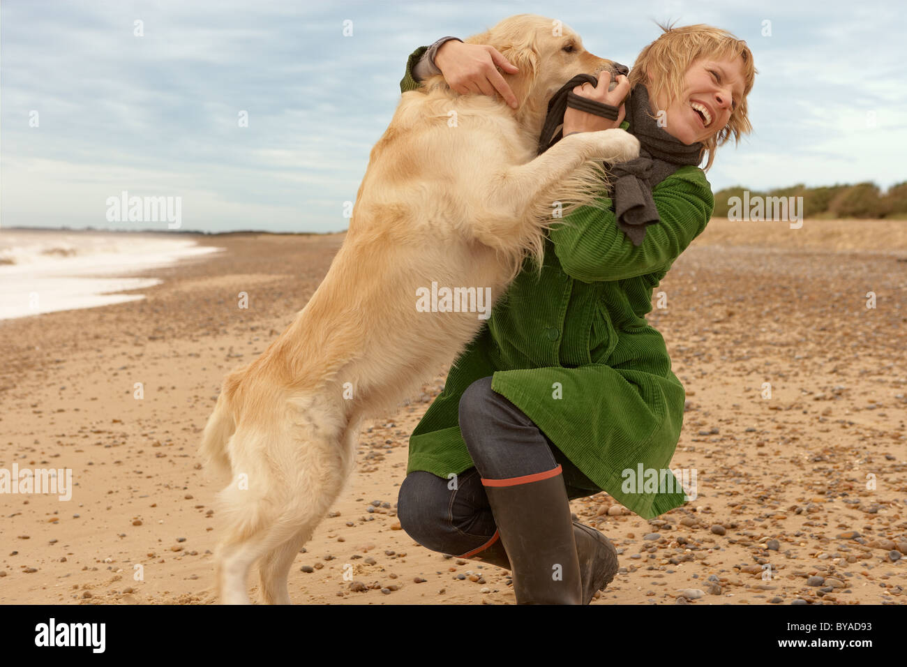 Donna formazione, giocando con il cane, spiaggia Foto Stock Donna formazione, giocando con il cane, spiaggia Foto Stock