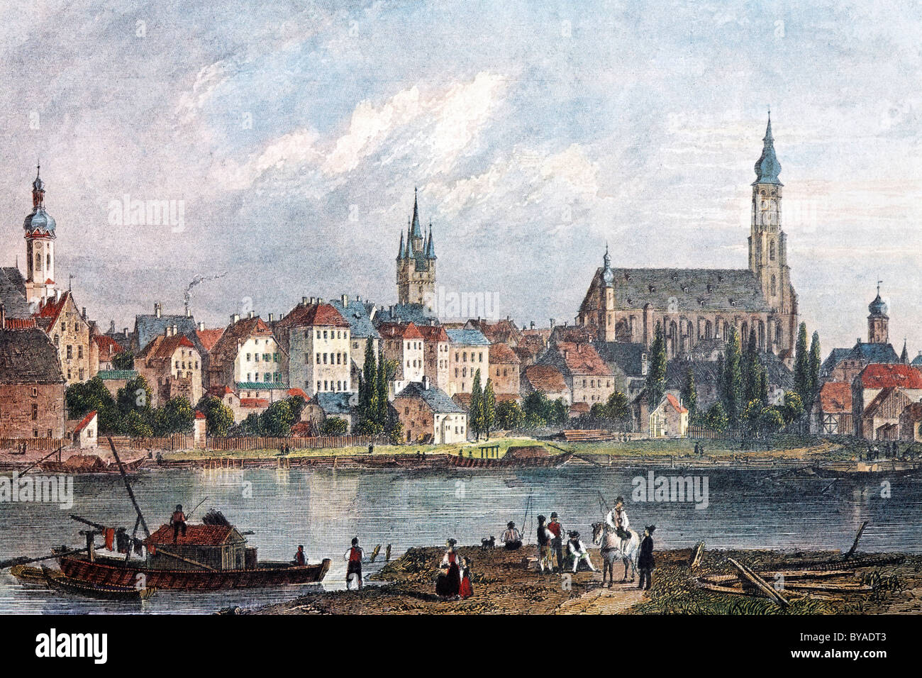 Vista di Straubing, circa 1840, storico cityscape, incisione in acciaio creato nel XIX secolo, Baviera, Germania, Europa Foto Stock