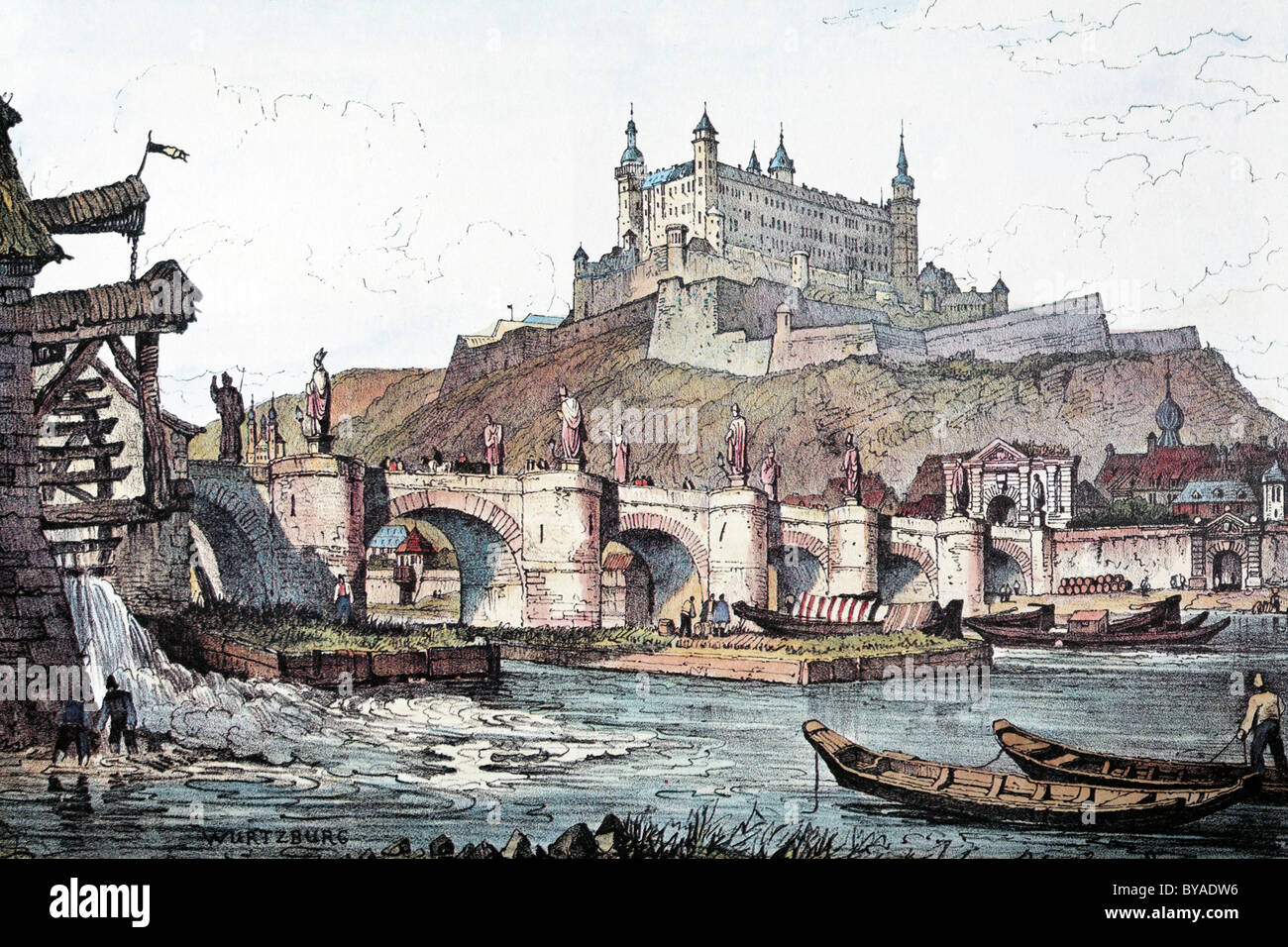 Vista di Würzburg, circa 1835, storico cityscape, incisione in acciaio creato nel XIX secolo, Baviera, Germania, Europa Foto Stock