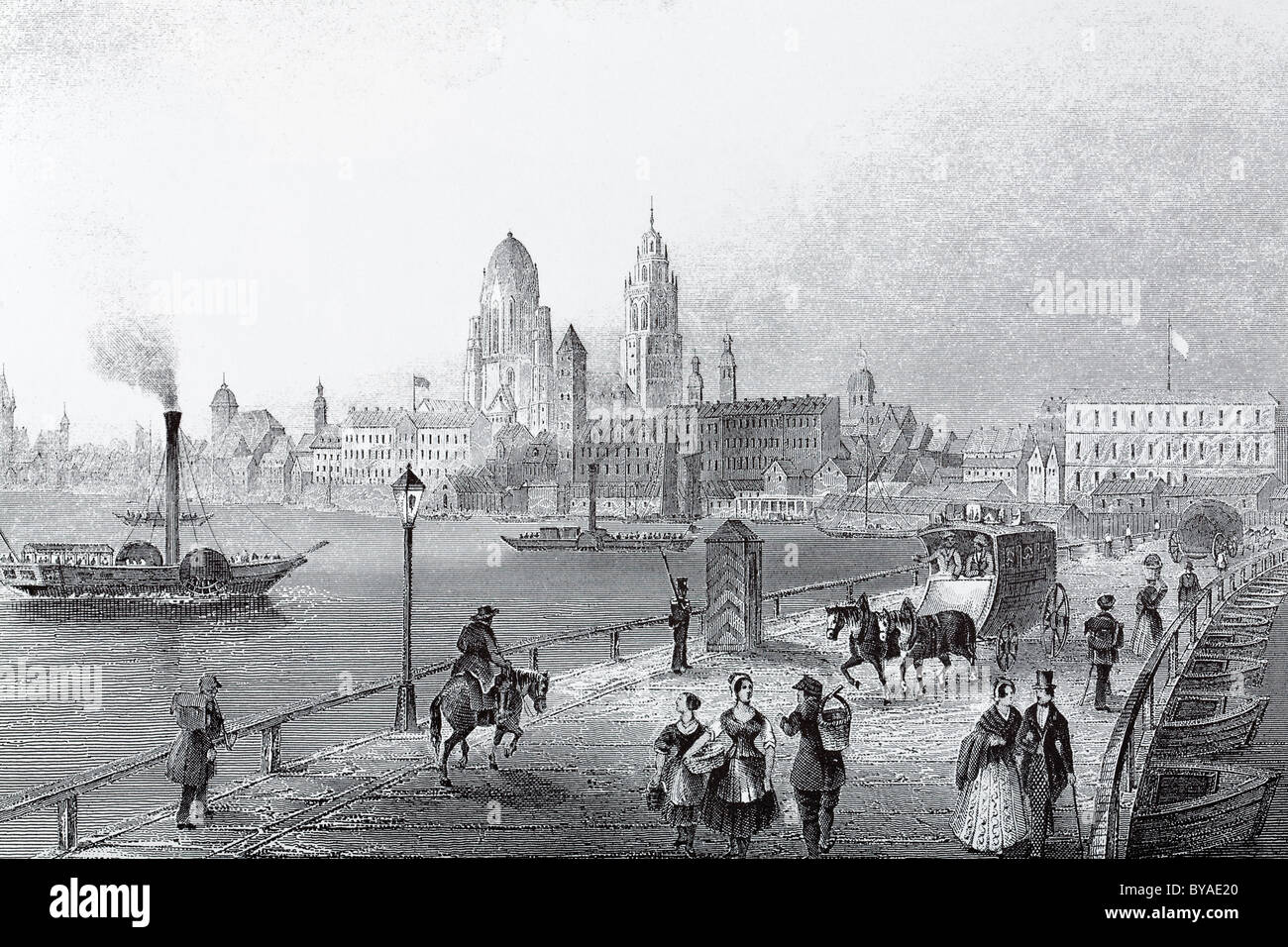 Vista di Mainz, circa 1850, storico cityscape, acciaio incisione, Renania-Palatinato, Germania, Europa Foto Stock