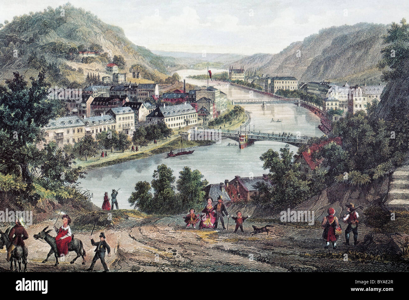 Vista di Bad Ems sul fiume Lahn, circa 1865, storico cityscape, acciaio incisione, Renania-Palatinato, Germania, Europa Foto Stock