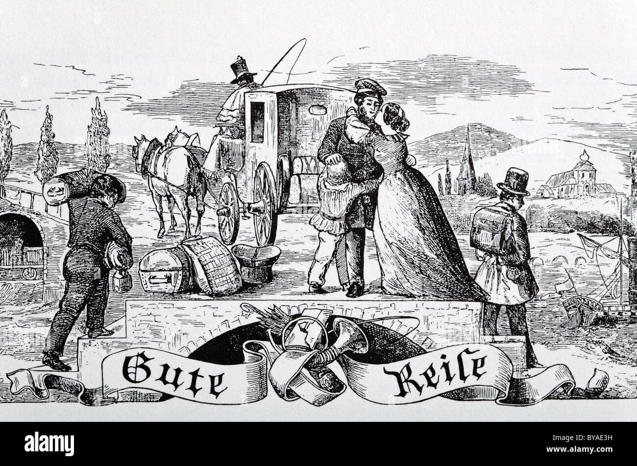 Vignetta storica con una famiglia congedo e un pullman, il motto Gute Reise, Tedesco per Bon Voyage, acciaio incisione dall' Foto Stock