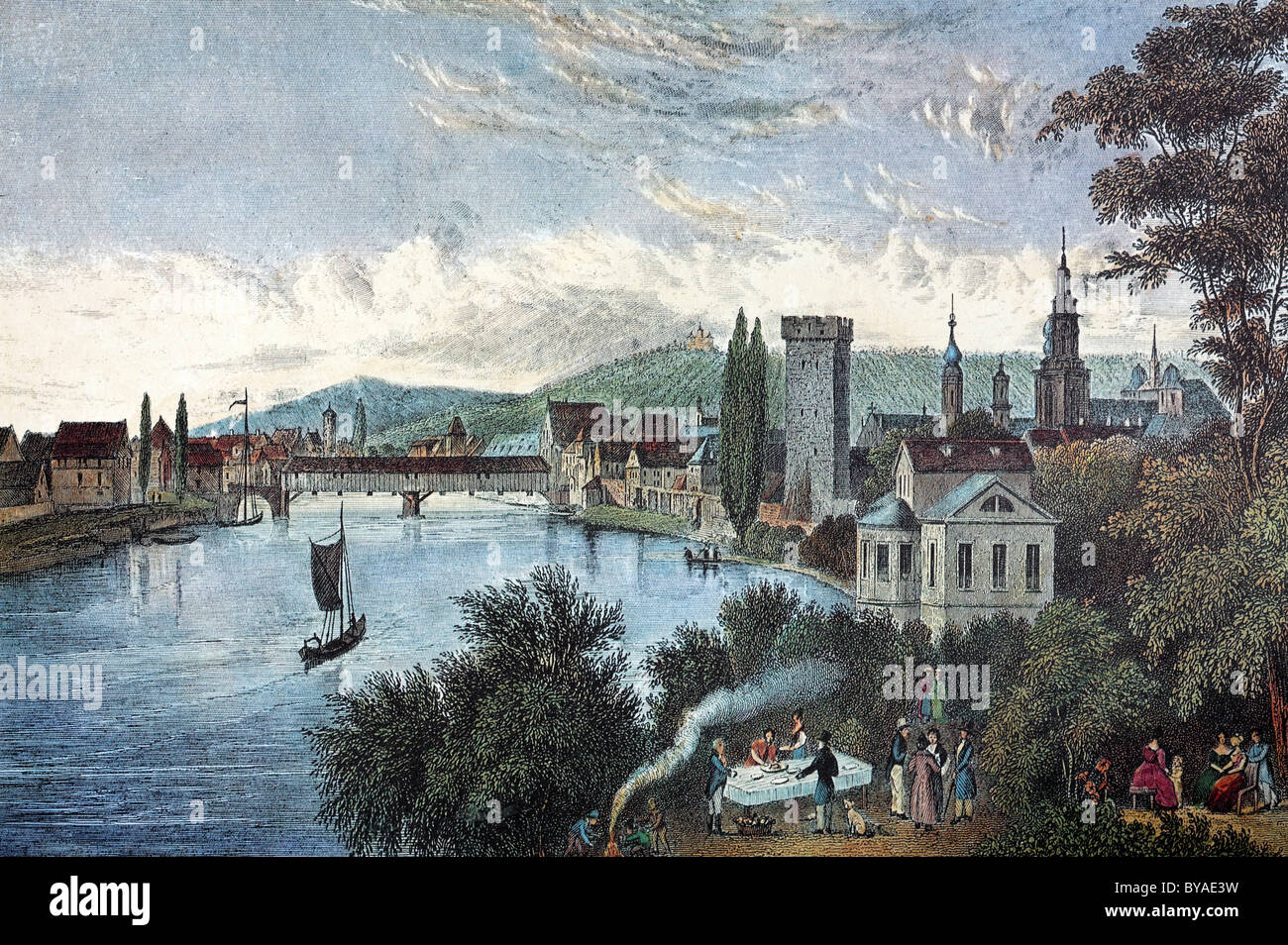 Heilbronn am Neckar nel 1840, città storica vista incisione in acciaio, Baden-Wuerttemberg, Germania, Europa Foto Stock