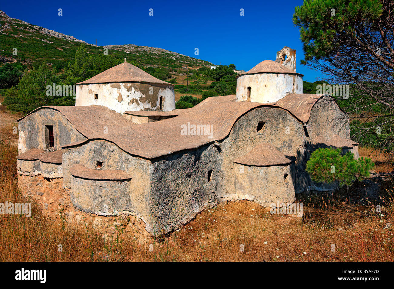 L'Aghios Dimitrios (San Demetrio), chiesa bizantina (4 in 1) del XIII secolo in Cythera (o 'Kithira') Island, Grecia Foto Stock