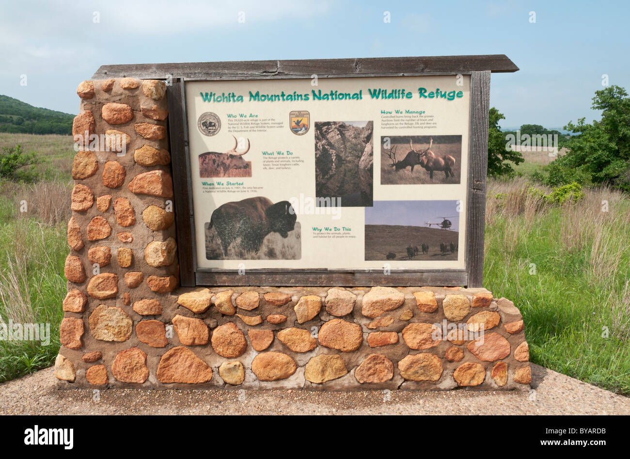 Oklahoma, Wichita Mountains National Wildlife Refuge, segno interpretative Foto Stock