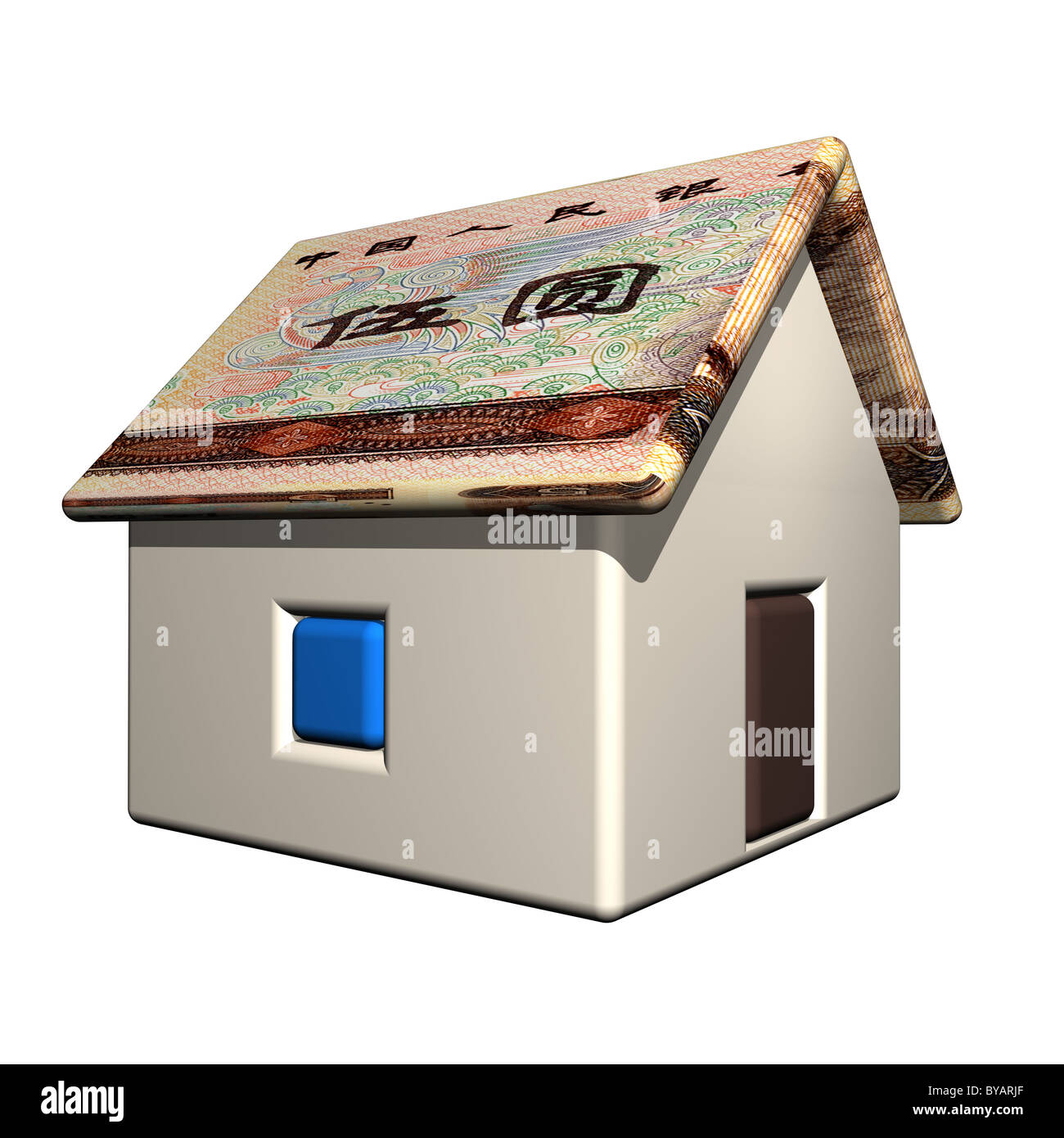 Il piccolo uno-casa di storeyed in moneta cinese 3d, uno sfondo bianco. Foto Stock Il piccolo uno-casa di storeyed in moneta cinese 3d, uno sfondo bianco. Foto Stock