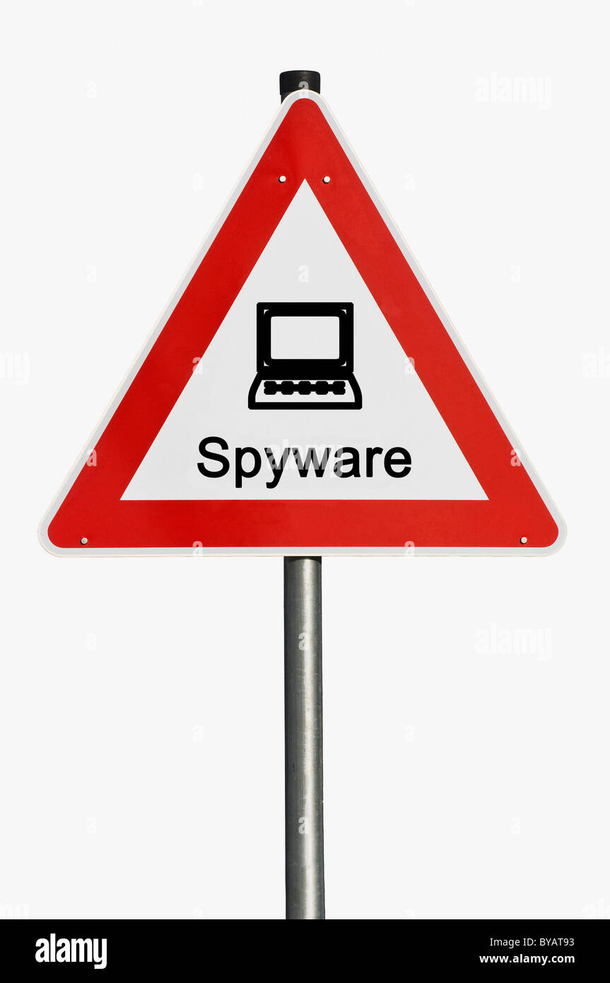Segnaletica di pericolo con un laptop, computer spyware Foto Stock