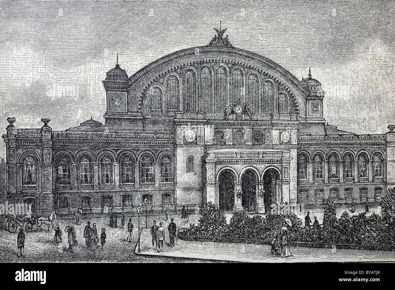 Anhalter stazione ferroviaria di Berlino, libro storico illustrazione, Brockhaus enciclopedia dal 1908, incisione in acciaio Foto Stock