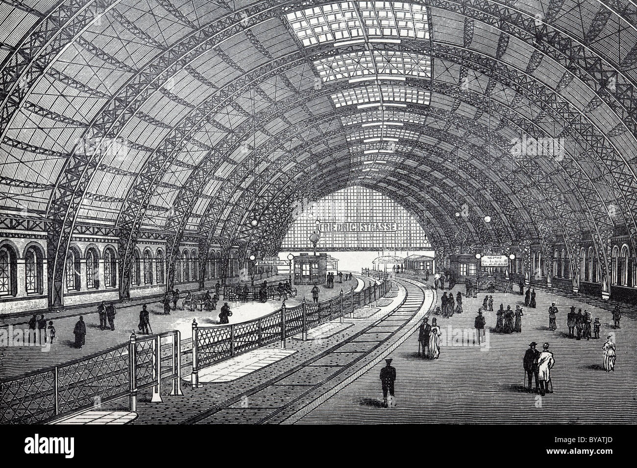 Friedrichstrasse stazione ferroviaria, hall costruzione, Berlino, libro storico illustrazione, incisione in acciaio Foto Stock