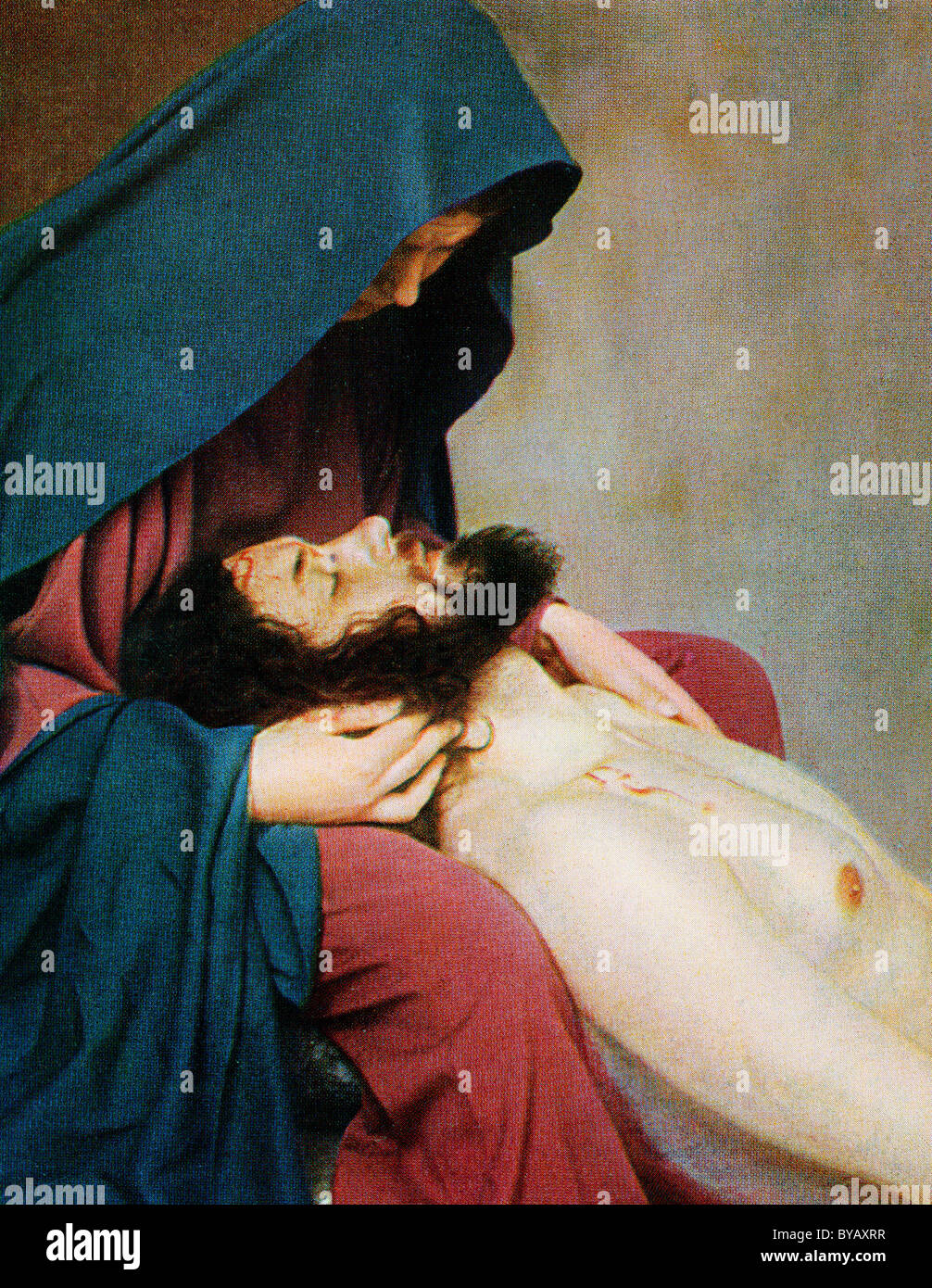 Gesù dopo la crocifissione con sua madre Maria, colore cartolina postale da un modello Uvatypie, Oberammergau Passion Play 1930 Foto Stock