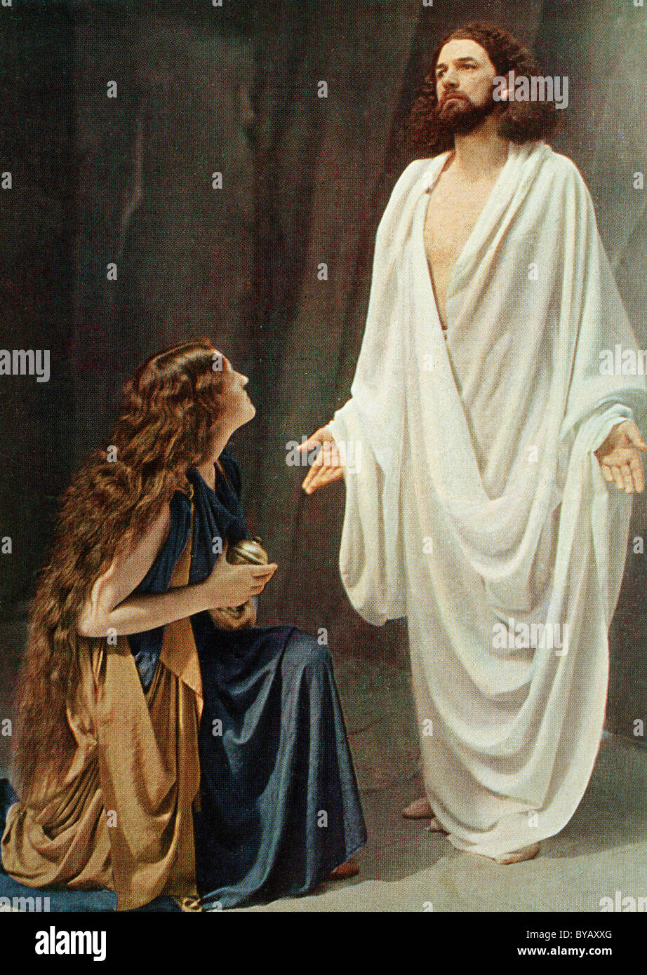 Gesù e Maria Maddalena, colore cartolina postale da un modello Uvatypie, Oberammergau Passion Play 1930, Alta Baviera, Baviera Foto Stock