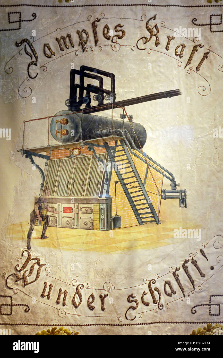 Unione storica banner dal 1899, con il motto della potenza vapore crea miracoli, il nuovo museo della Ruhr, industriale delle Miniere di carbone dello Zollverein Foto Stock