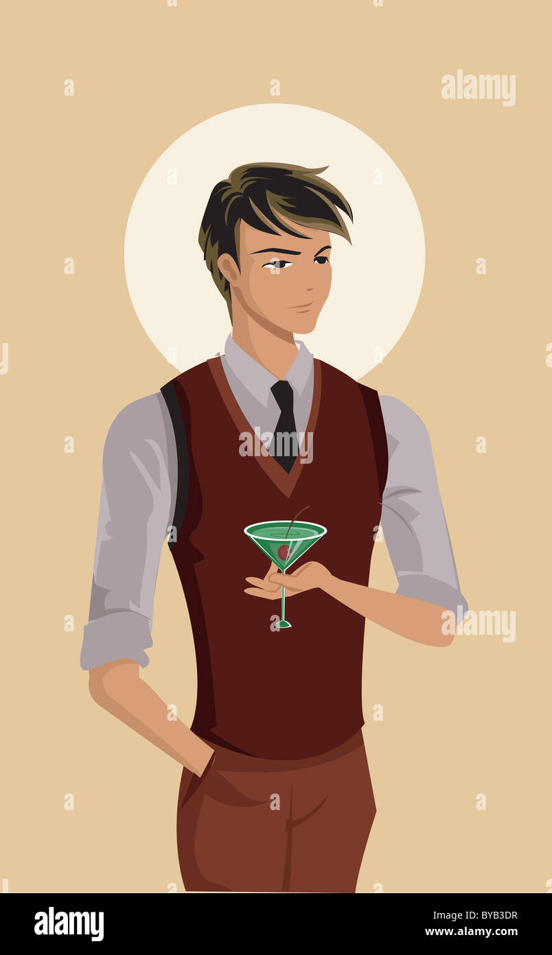 Un uomo con un martini in mano Foto Stock