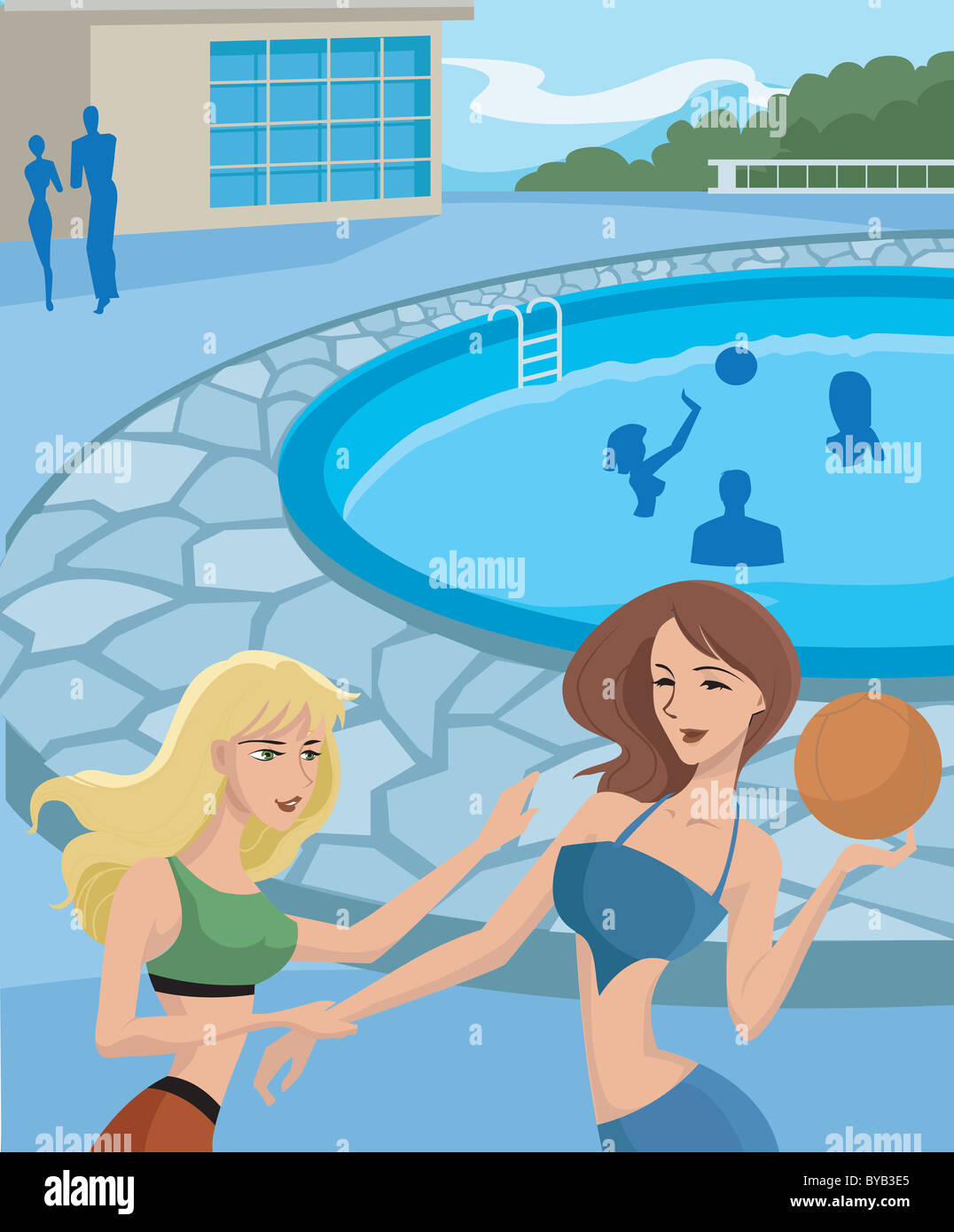 Due donne a giocare con una palla da un pool Foto Stock