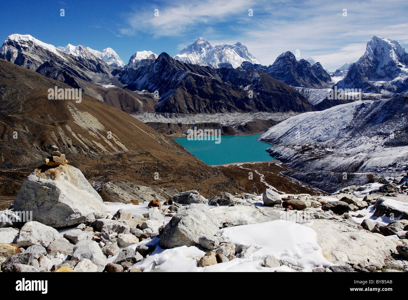 Vista dalla Renjola passano sul Gokyo e Gokyo Tso lago sopra il ghiacciaio Ngozumpa all Everest massif, Khumbu Foto Stock