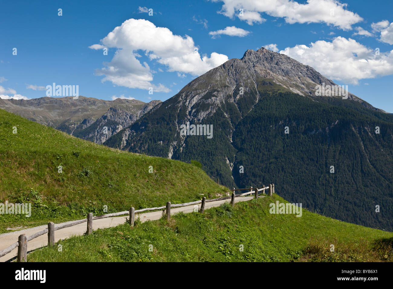 Montagne, prati e un sentiero soleggiato nella Bassa Engadina, dei Grigioni o Grigioni, Svizzera, Europa Foto Stock