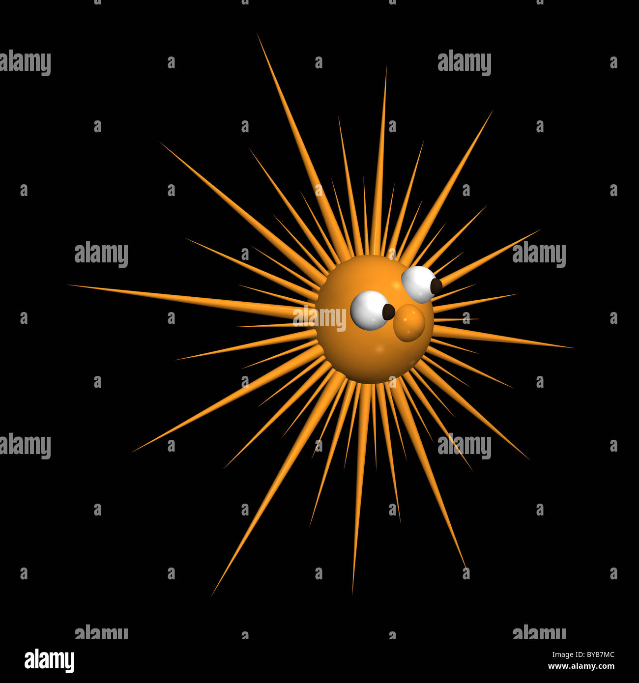 Stella arancione con gli occhi su uno sfondo nero, è isolata, 3d. Foto Stock