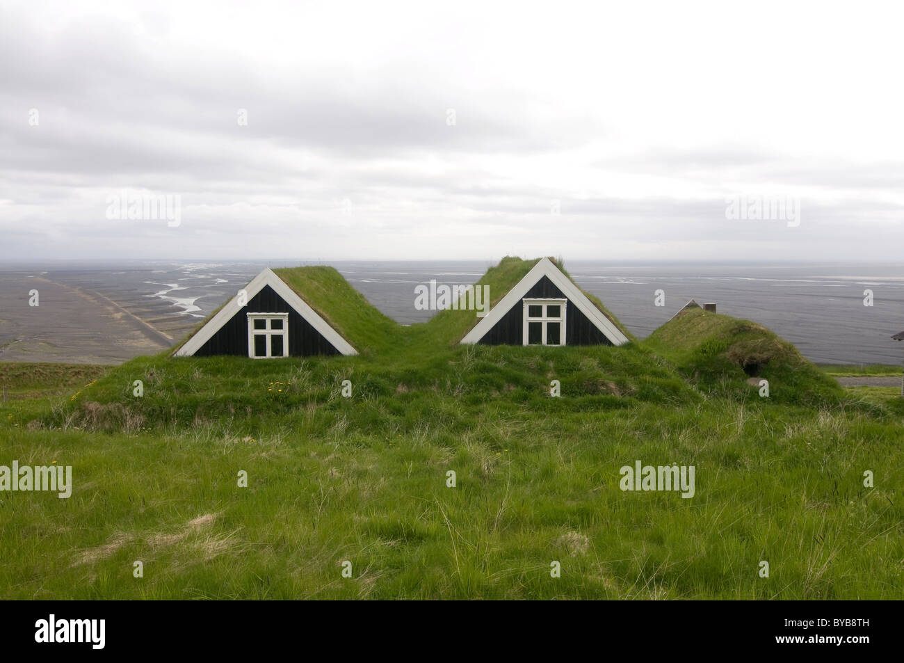 Tipiche Case in legno con il tetto di paglia con erba, Skaftafell, Islanda, Europa Foto Stock
