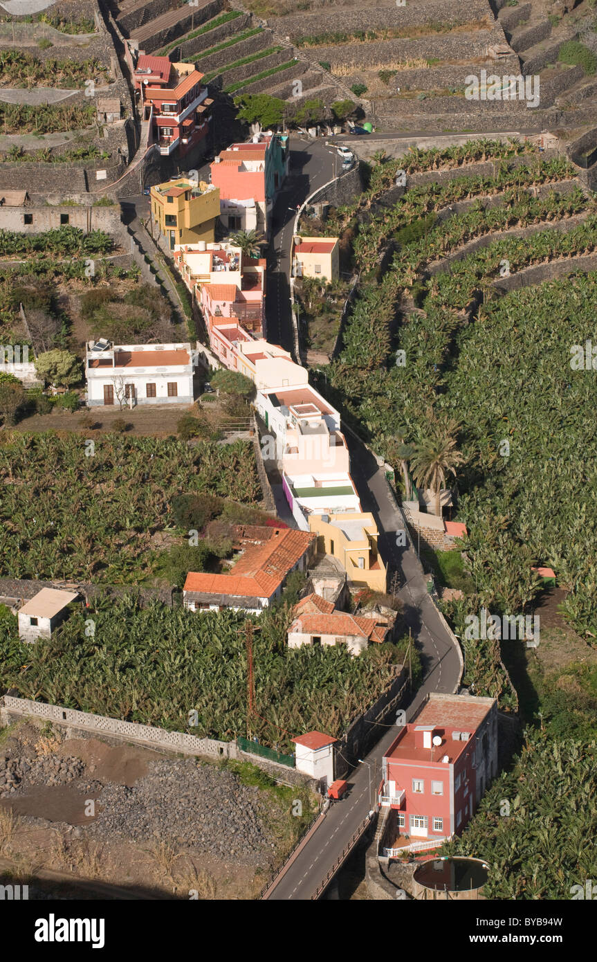 La città di Hermigua, La Gomera, isole Canarie, Spagna, Europa Foto Stock