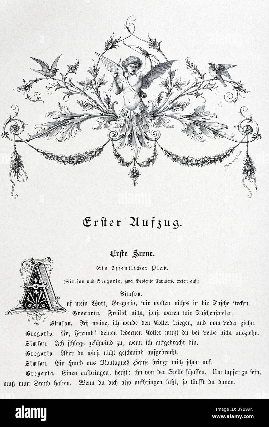 Vecchio libro pagina con una vignette di Cupido, viticci e testo, Romeo e Giulietta di Shakespeare, edizione dal 1890 Foto Stock