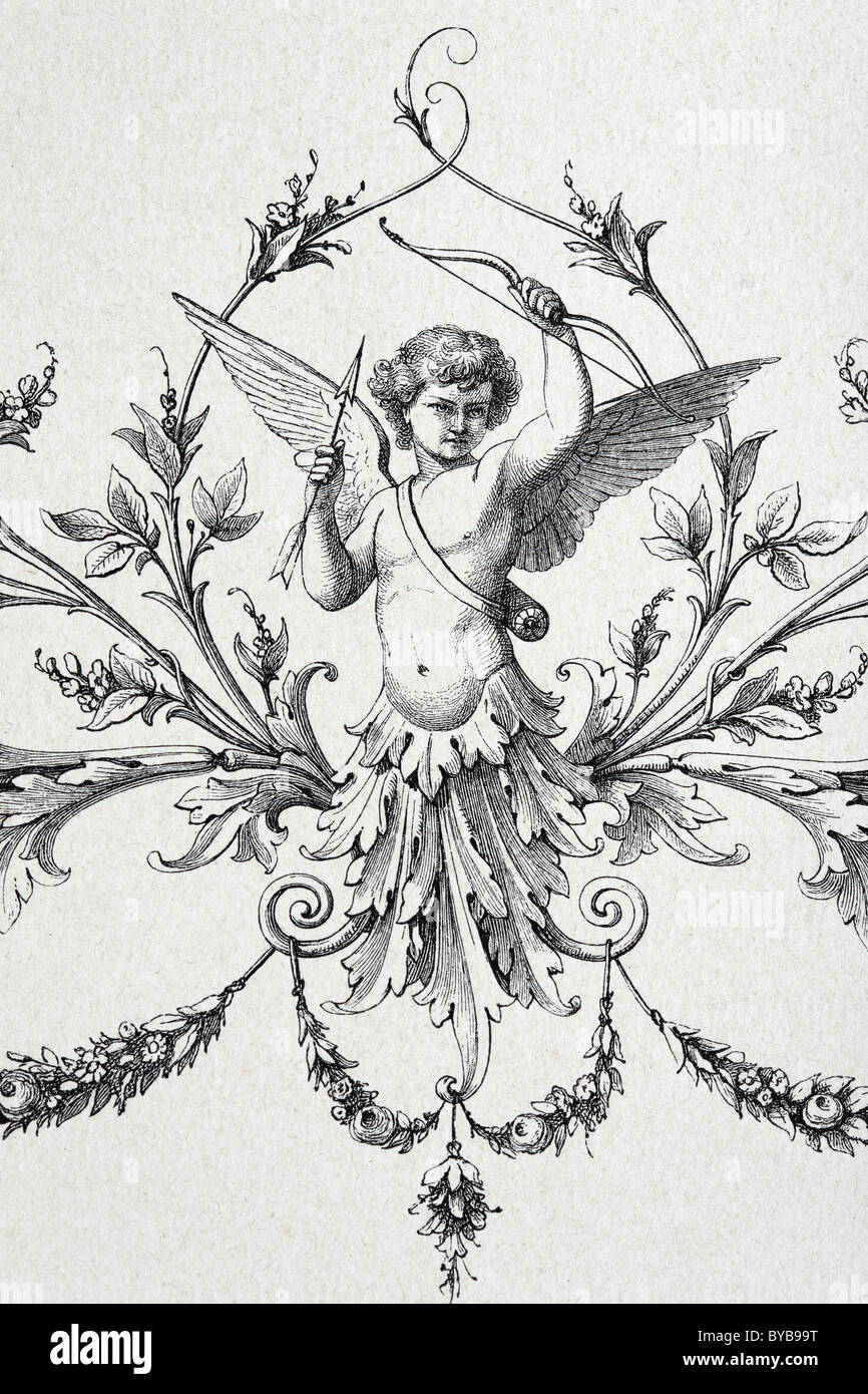 Vignette con Cupido e viticci, acciaio incisione, illustrazione libraria, Romeo e Giulietta di Shakespeare, edizione dal 1890 Foto Stock