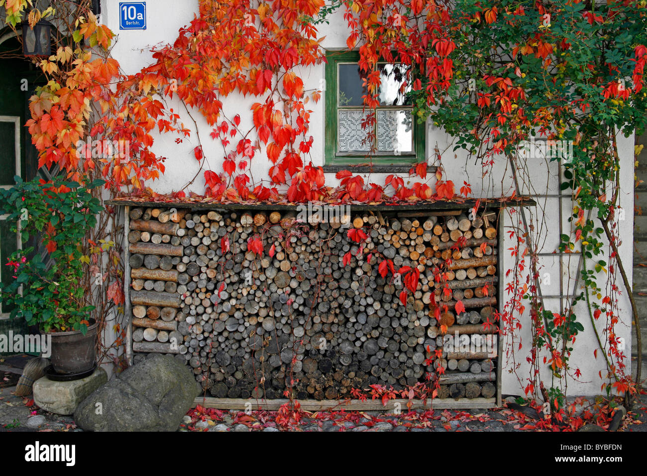 Impilati legna di fronte ad un edificio, rosso vitigno, Oberammergau, Baviera, Germania, Europa Foto Stock