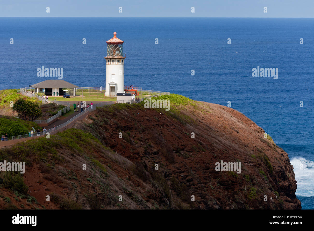 Il Kilauea Point Lighthouse con i turisti. Il faro, evidenziato da una pausa in riva nuvole, siede in cima ad una rupe alta Foto Stock