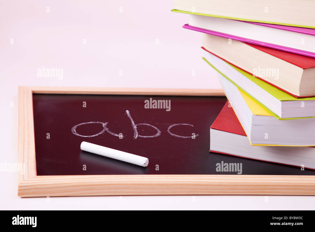 ABC lettere scritte su una lavagna con colorati libri (messa a fuoco selettiva) Foto Stock