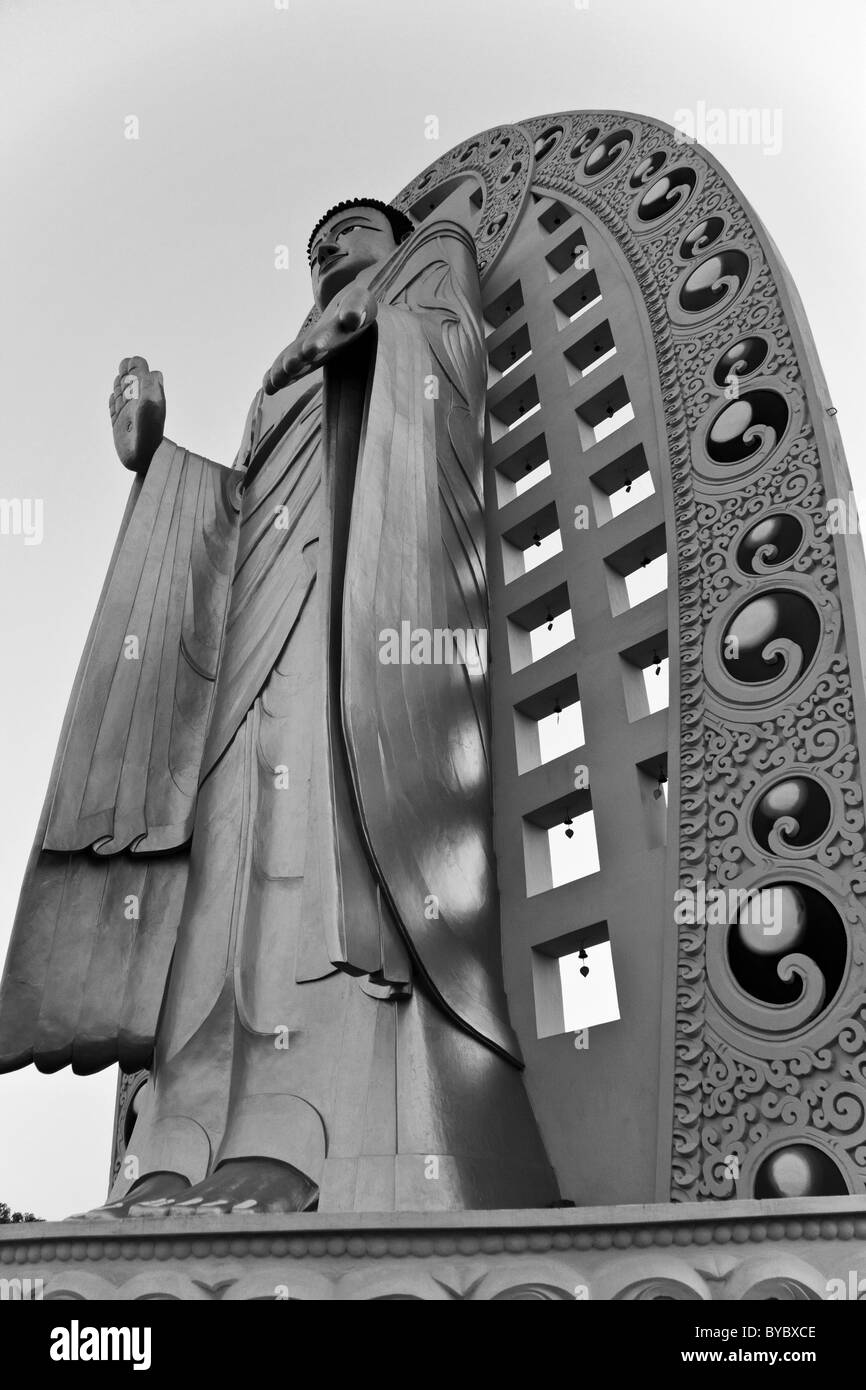 Statua del Signore Buddha Shakyamuni ( 36.2m alta ), Dhe Chen Chokhor Kagyupa Monastero, Dehradun, India del Nord. In bianco e nero. Foto Stock