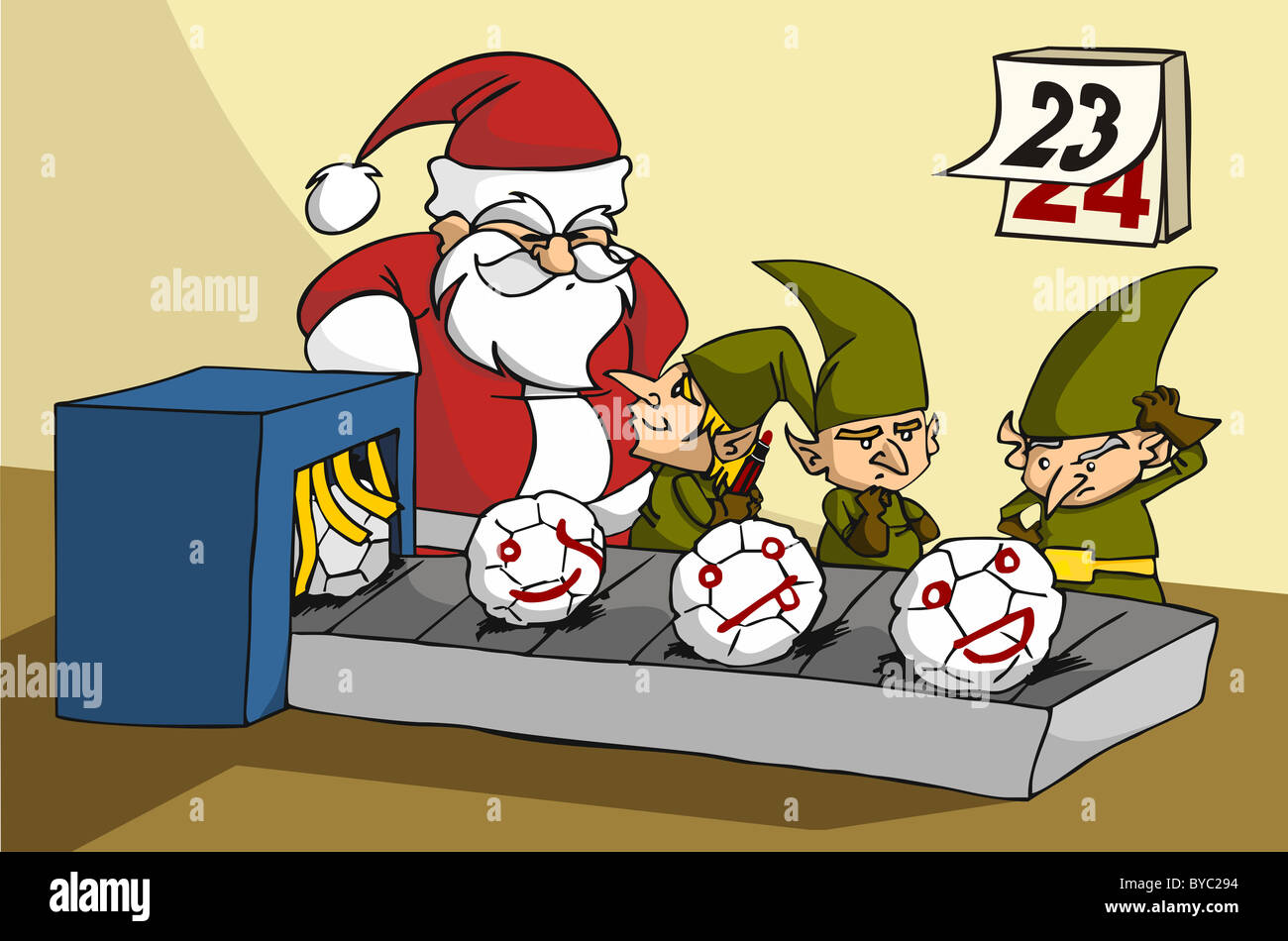 Natale toy factory: tre elfi stato sorpreso mentre scherzando al lavoro da Santa Foto Stock