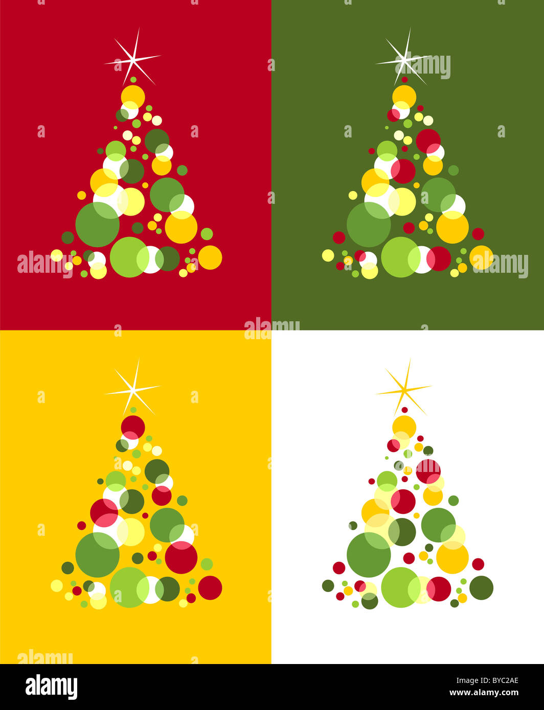 Albero di natale pattern. Bolle con stella sulla parte superiore su quattro sfondi colorati. File vettoriale Foto Stock
