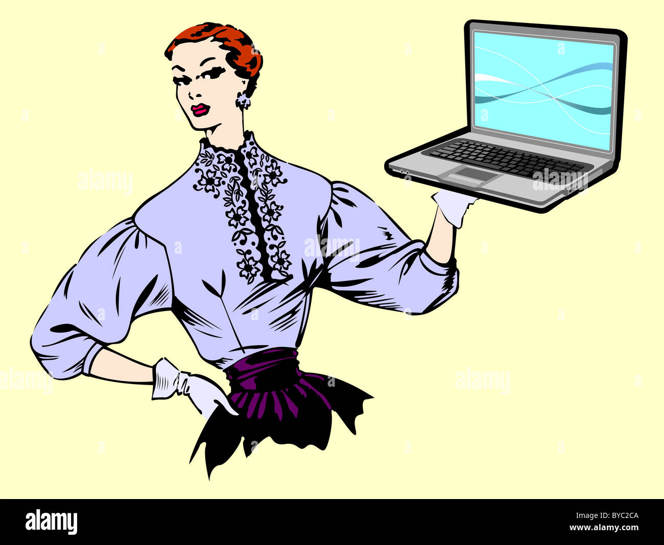 Donna degli anni cinquanta tenendo in mano un pc con una moderna blu sfondo sullo schermo. Concetto di contrasto. Vettore disponibile Foto Stock