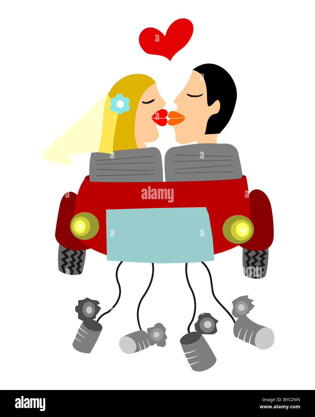 Appena una coppia sposata, kissing e colpendo la strada su una vettura con legato di lattine. Sfondo bianco. Vettore disponibile Foto Stock