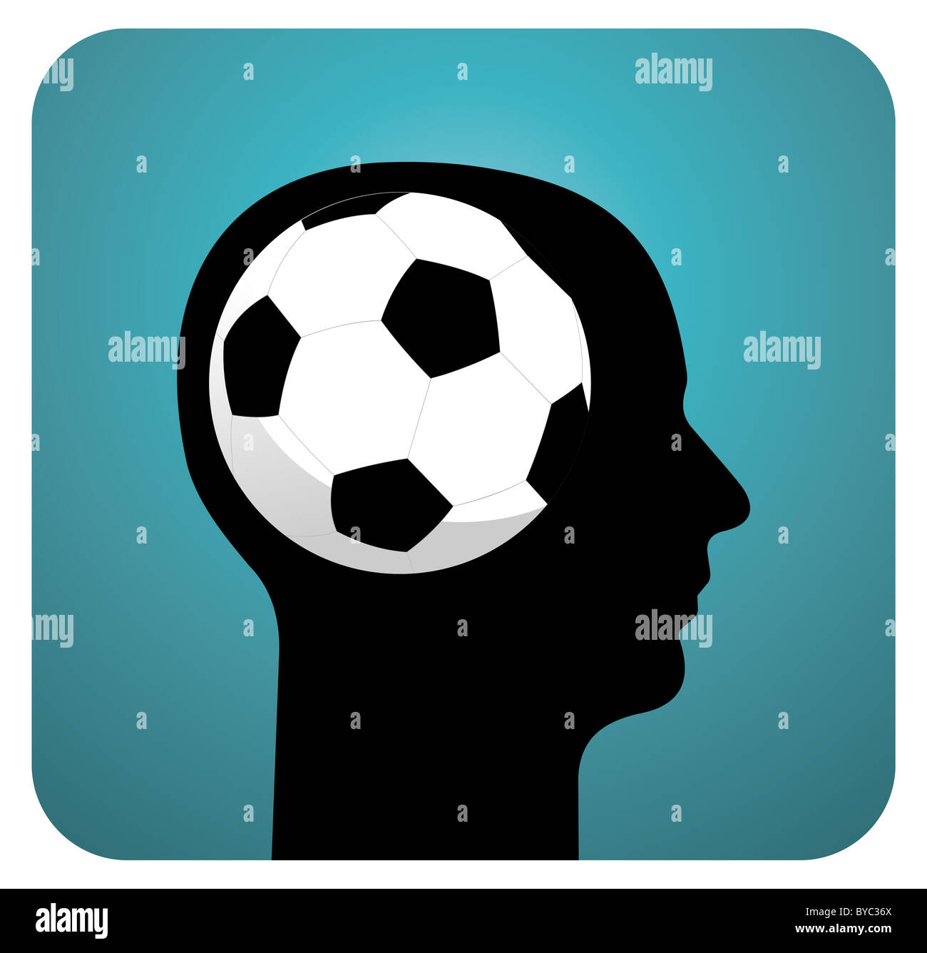 Testa umana silhouette con pallone da calcio all'interno Foto Stock