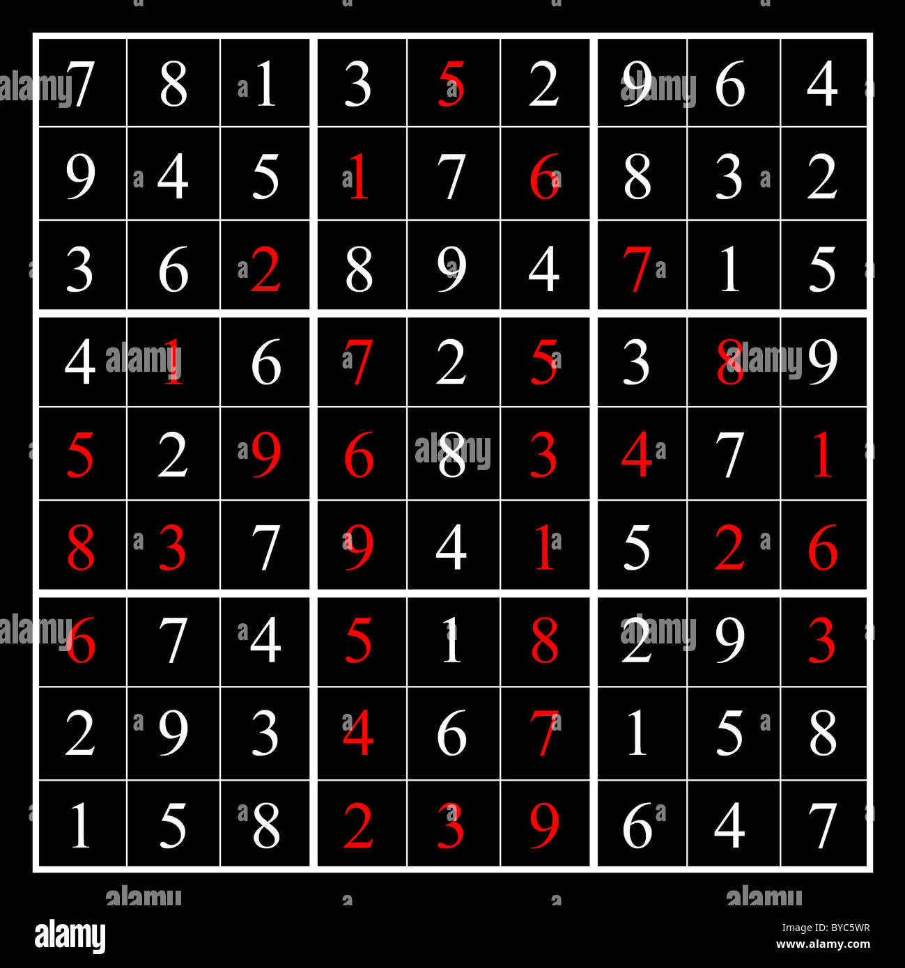 Questa è la soluzione di un sudoku - su Alamy come tramitec5WJ - sotto forma di un rivolto verso l'alto freccia, come mostrato dai numeri rossi. Foto Stock