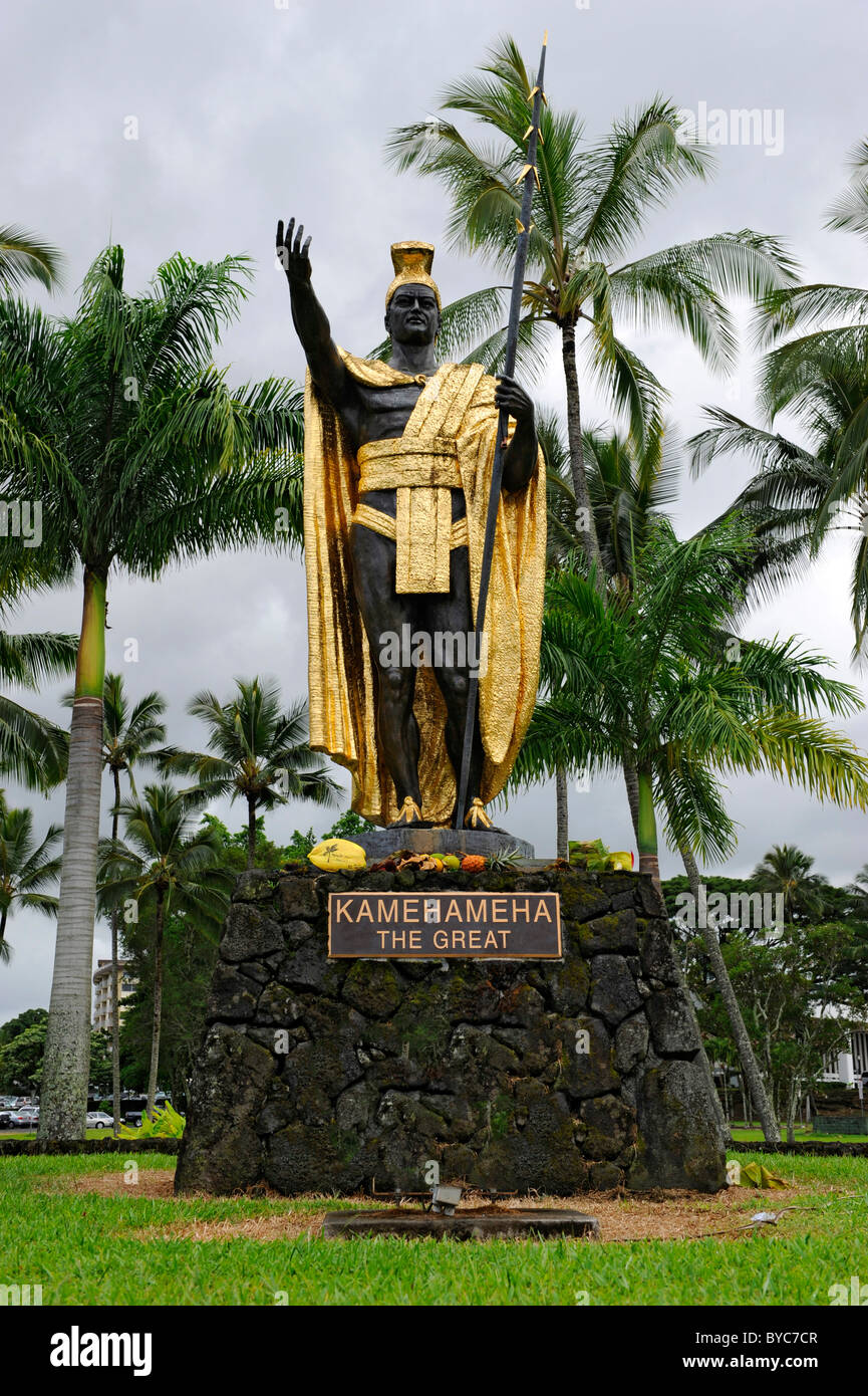 La statua del re Kamehameha Parco Wailua Hilo Bay Hawaii Oceano Pacifico Foto Stock