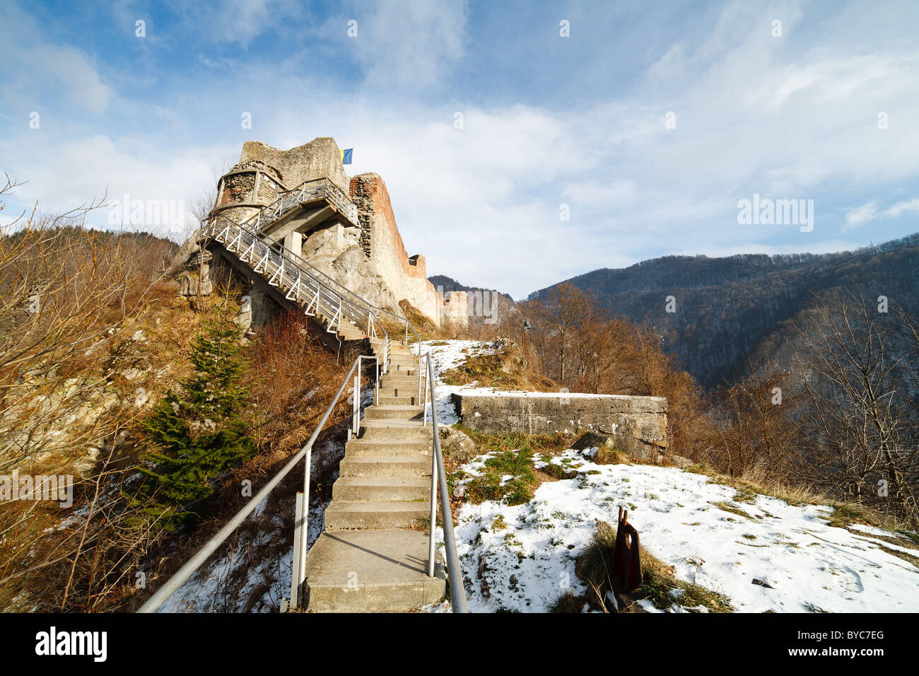Paesaggio con Dracula Fortezza di Poienari, Romania Foto Stock