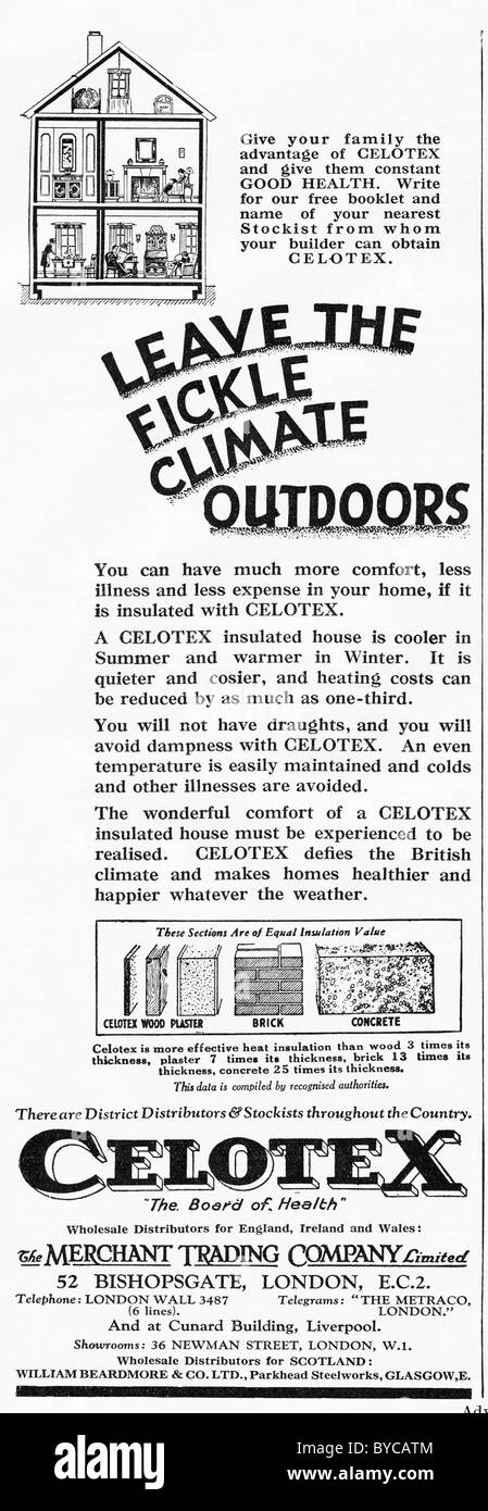 Originale di 1920s pubblicità per CELOTEX costruzione di tavole di isolamento Foto Stock