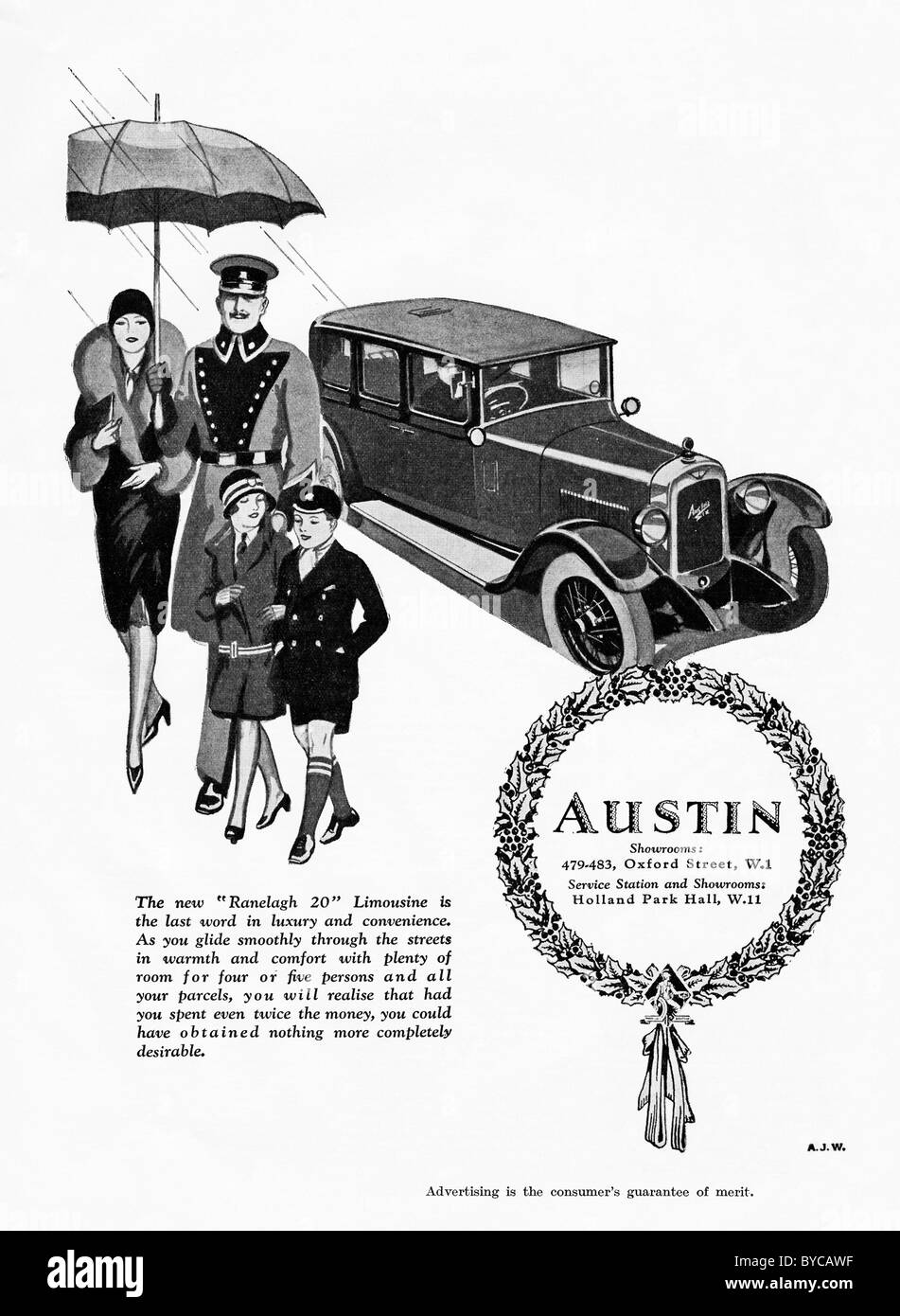 Originale di 1920s pagina piena pubblicità per Austin Ranelagh 20 limousine Foto Stock