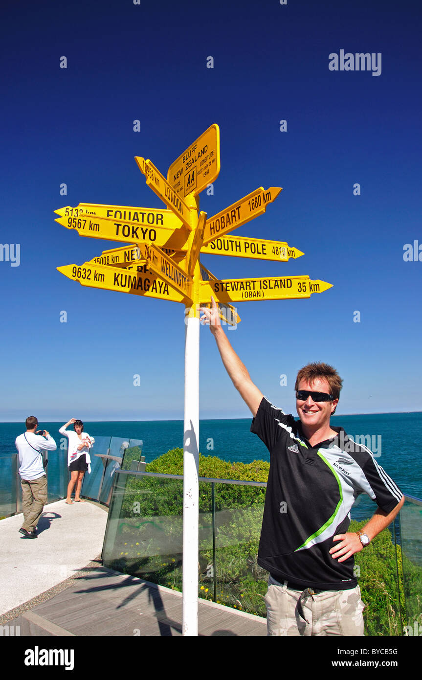 Luoghi del mondo la direzione e la distanza e di orientamento per punto di Stirling, Bluff, Regione del Southland, Isola del Sud, Nuova Zelanda Foto Stock