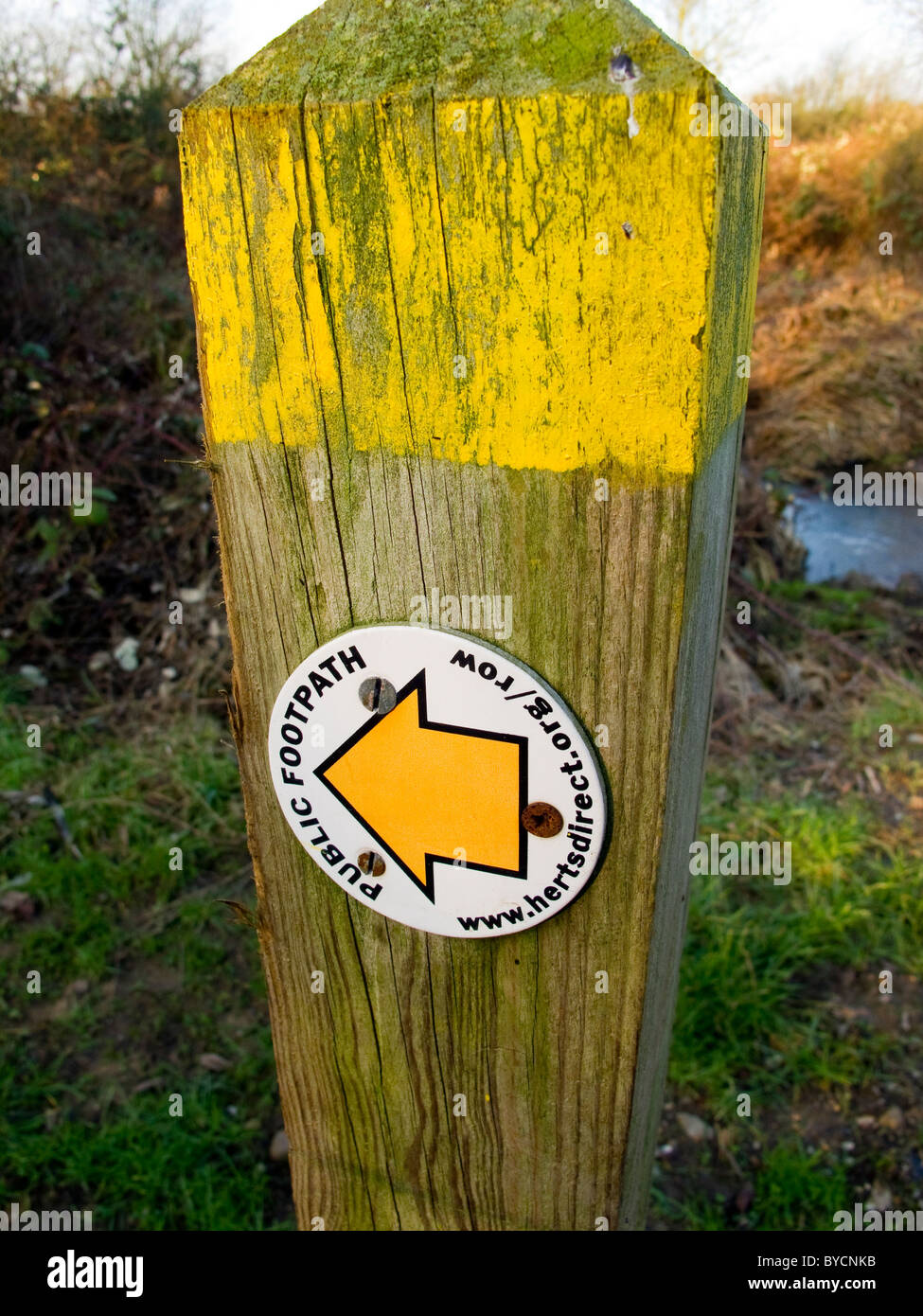 Sentiero pubblico segno con una freccia gialla su un palo di legno per il sentiero lungo il fiume Stort in Harlow, Essex, Regno Unito Foto Stock