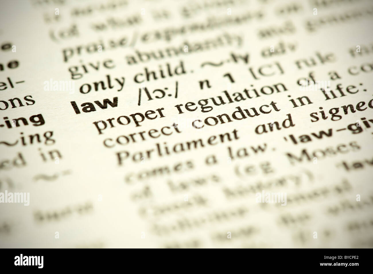 Una piccola immagine di DOF della definizione del dizionario della parola "diritto" Foto Stock