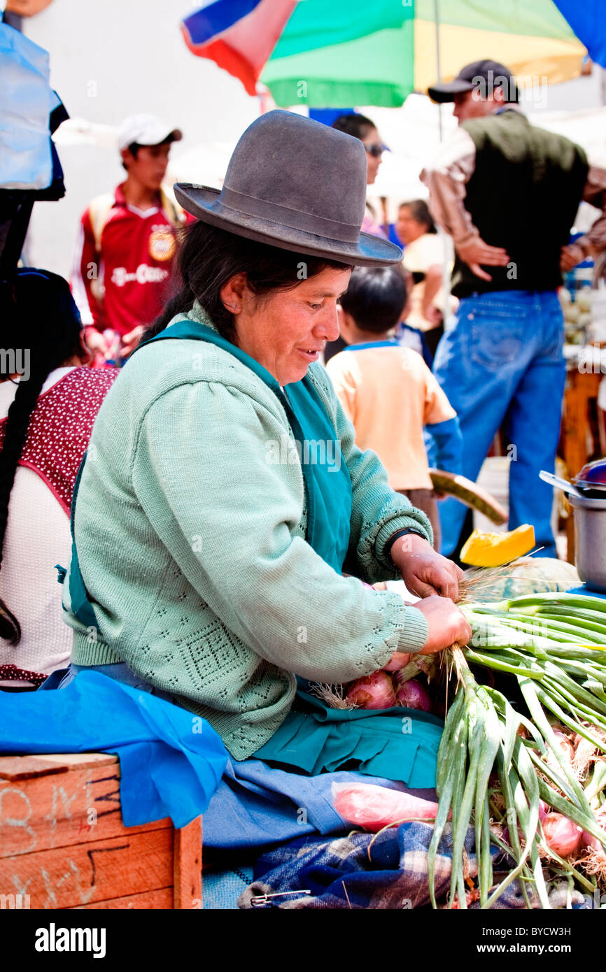 Signora anziana sat operanti nel mercato di Pisac, Valle Sacra, Perù, Sud America. Foto Stock