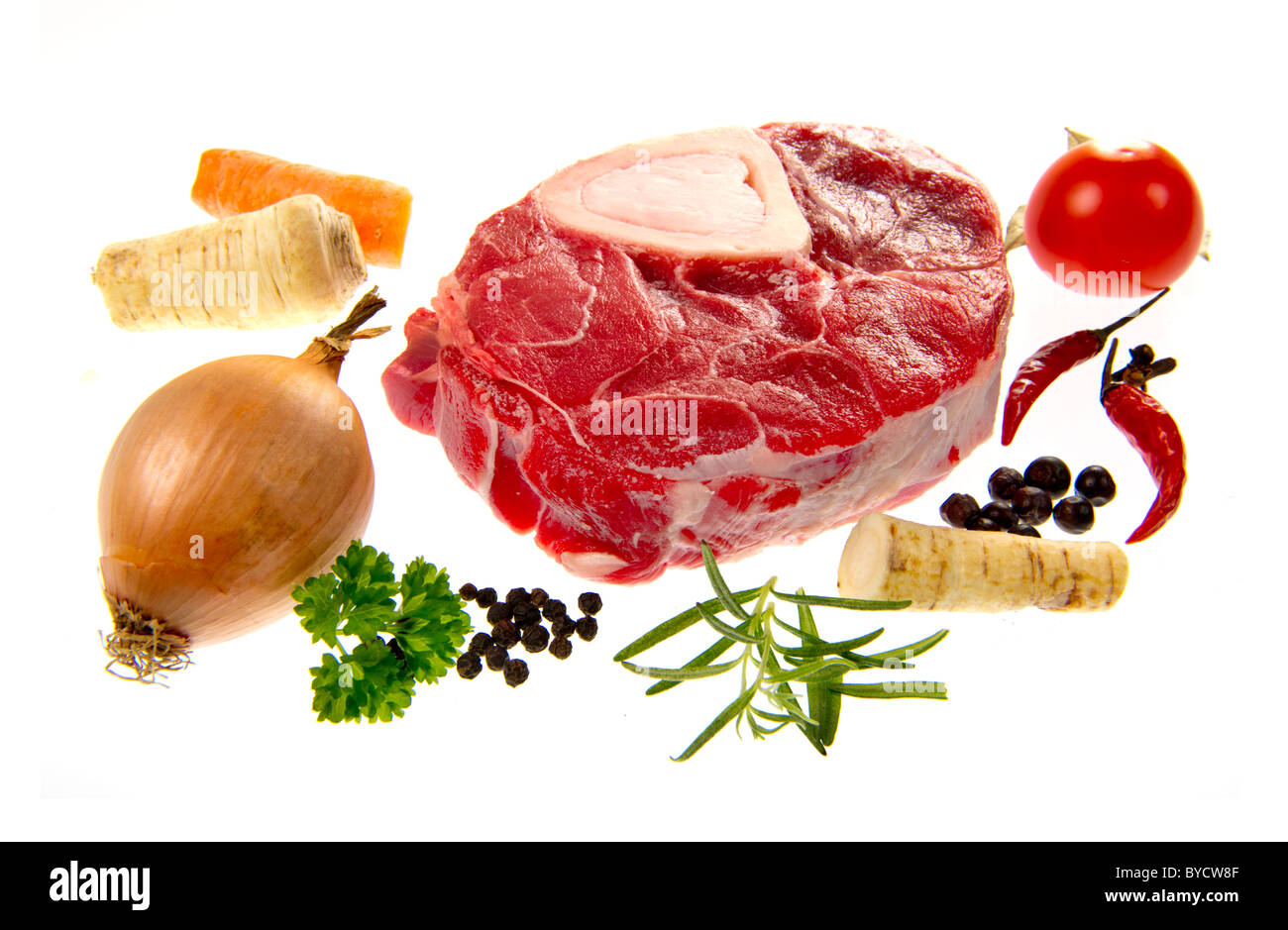 Carni bovine il disco di gamba per la minestra di Boullion cuocere la cottura di cibi raffinati ingredienti della cucina cucina fanno produrre farine di produzione soupplate Foto Stock