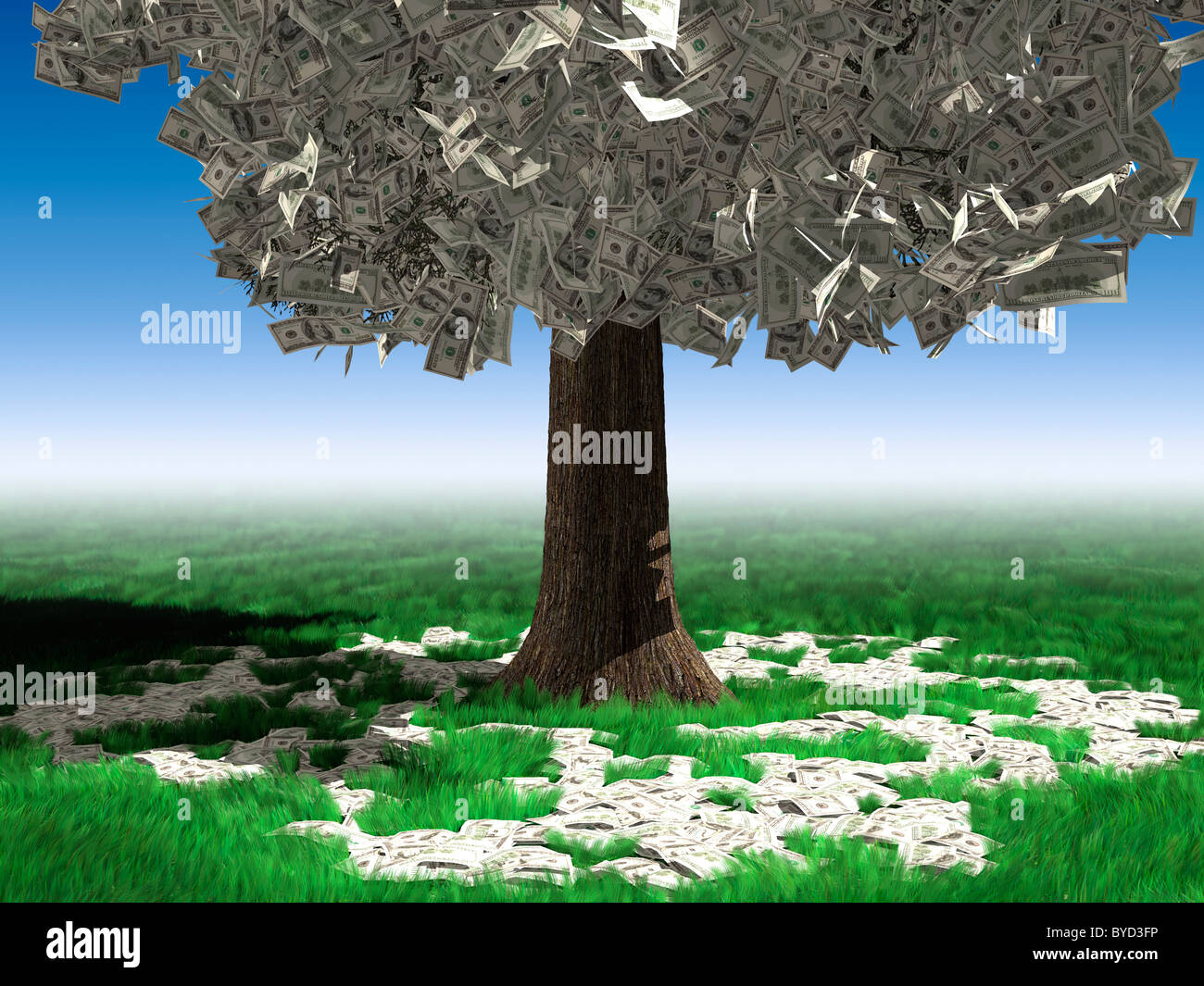 Money Tree con centinaia di fatture del dollaro che crescono su di esso e giacenti su erba verde al di sotto di esso. Concetto di investimento Foto Stock
